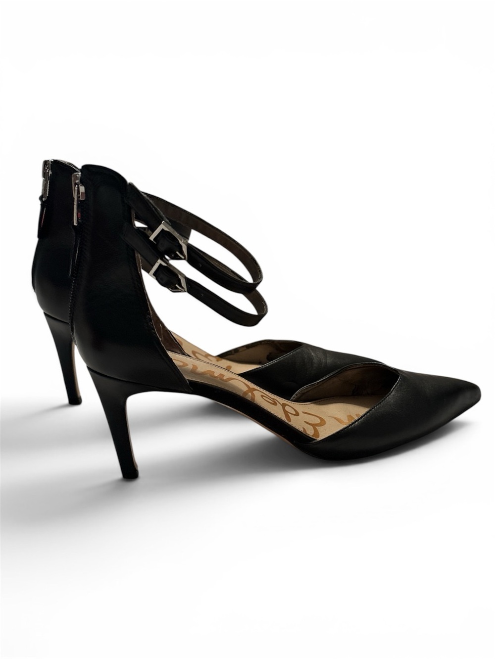 Sam Edelman Black Pointed-Toe Double-Strap Heels Size 10 Back Zipper Strappy